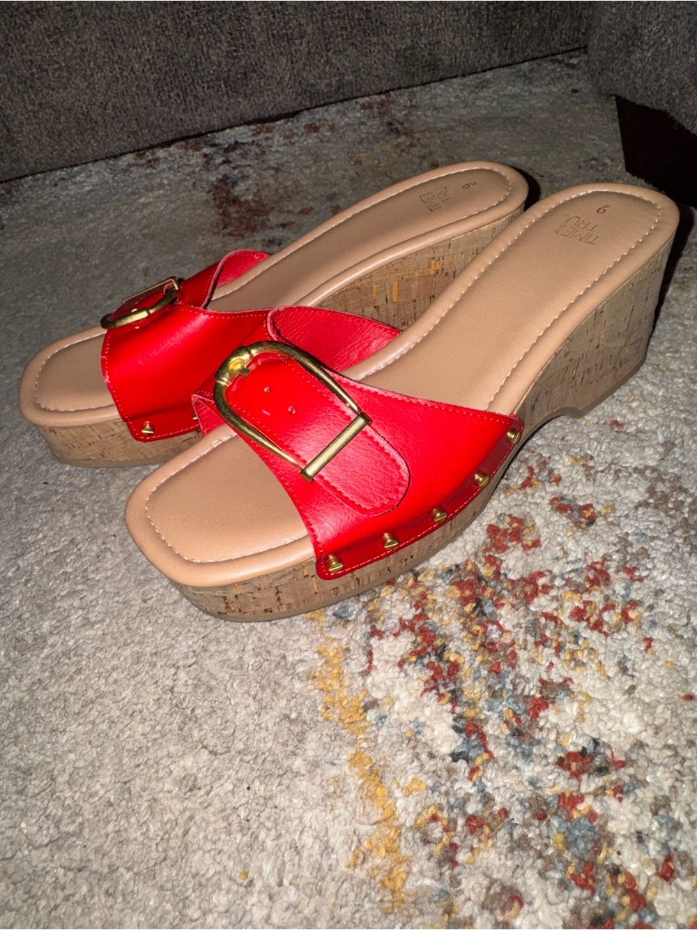 Red Cork Wedge Slide Sandals with Gold Buckle